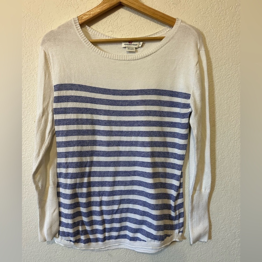 Vineyard Vines Cream & Blue Striped Cotton Cashmere Blend Top - XS